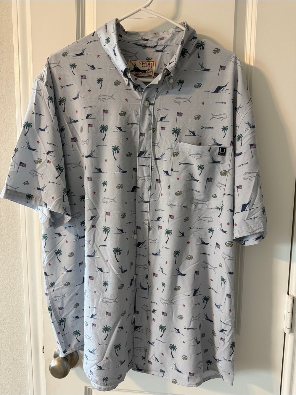 Huk Men’s Pale Blue Short-Sleeve Button-Down Shirt with Nautical Tropical Print